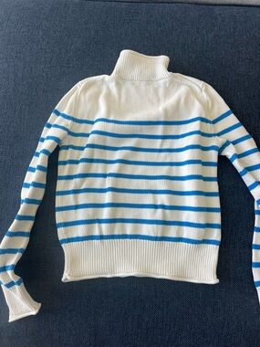 J. Crew Cream and Blue Striped Turtleneck Sweater